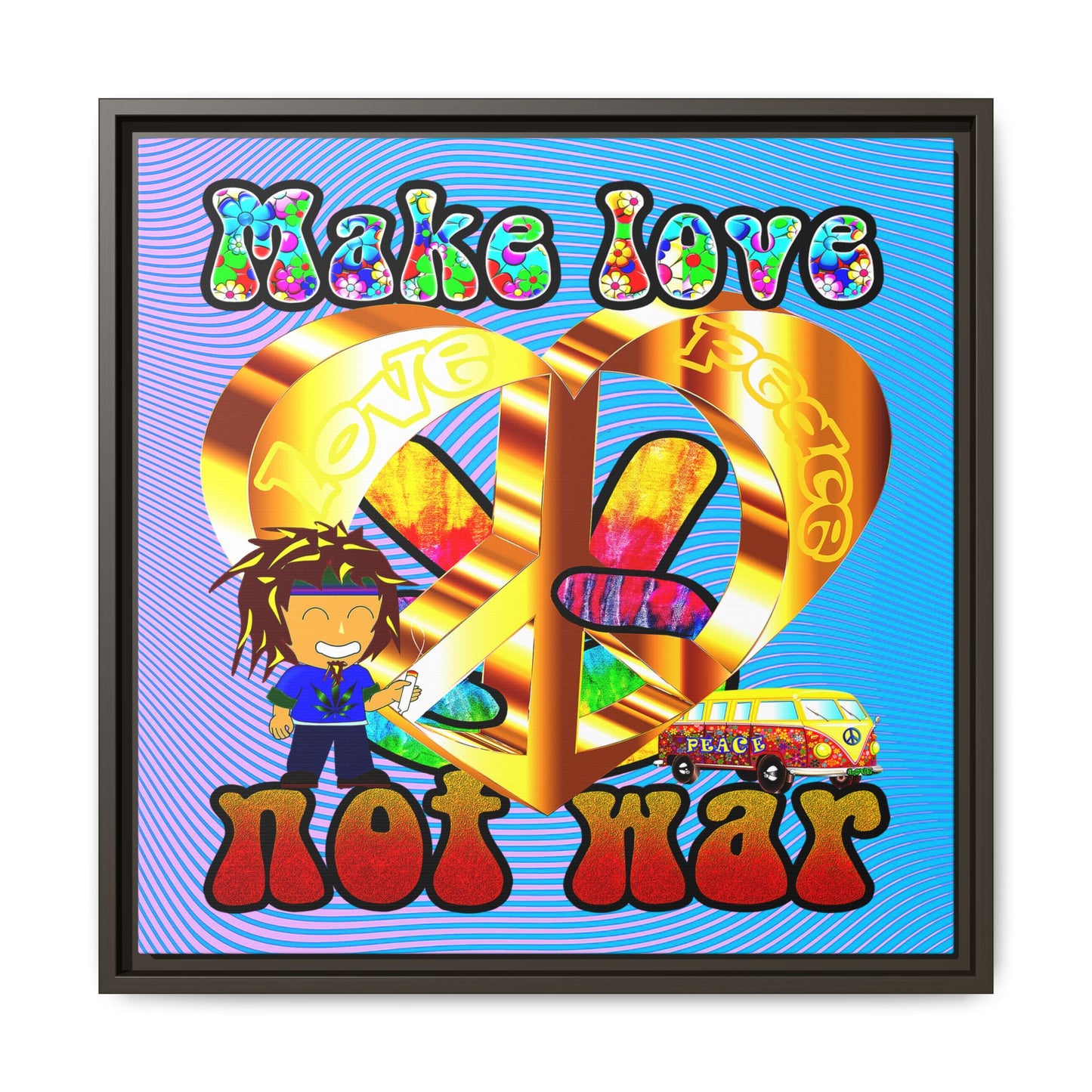 love peace - framed canvas art (light blue-purple wave)
