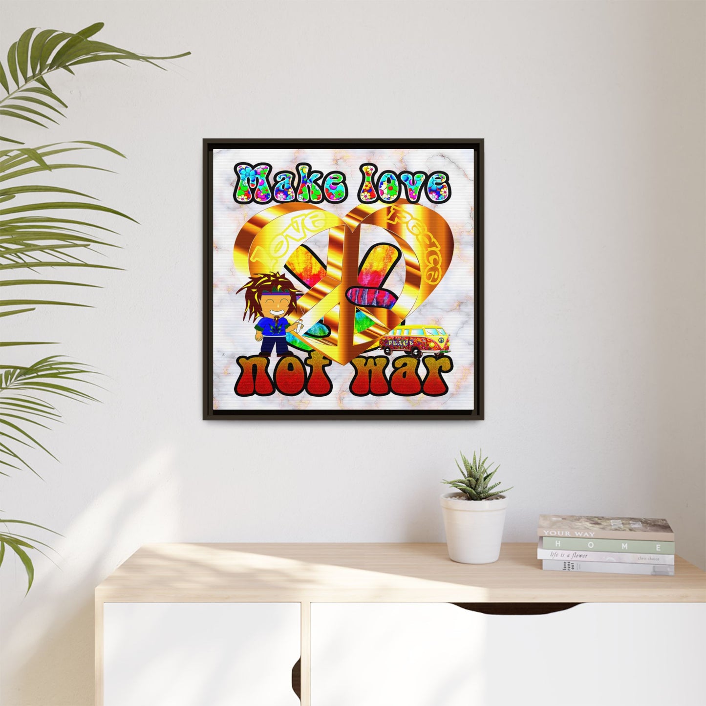 love peace - framed canvas art (white marble)