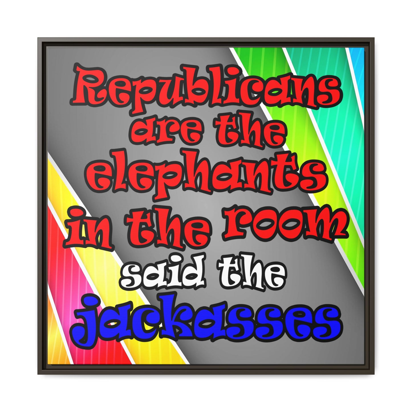 donkeys and elephants - framed canvas art (rainbow split)