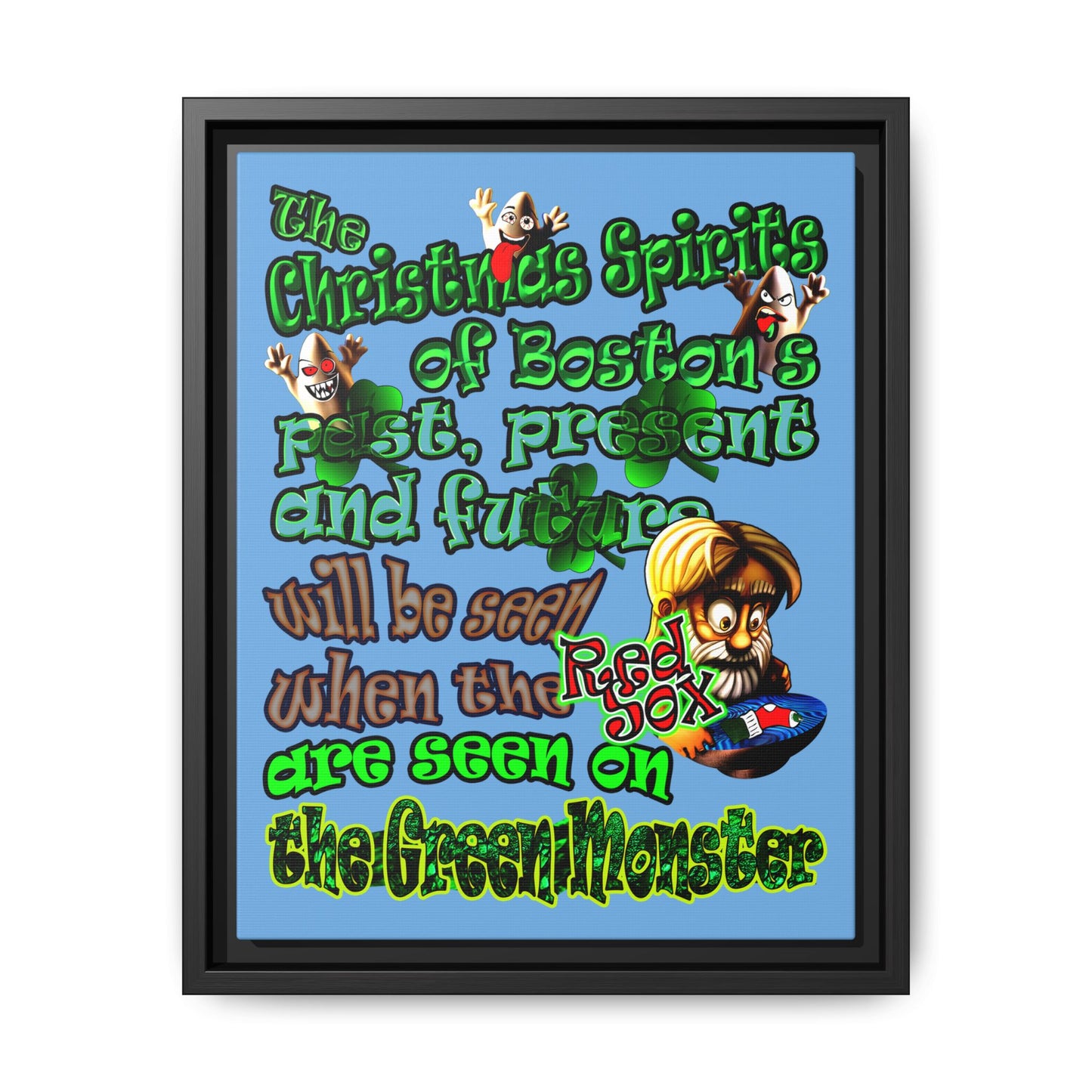 christmas spirits of boston - framed canvas art (light blue)