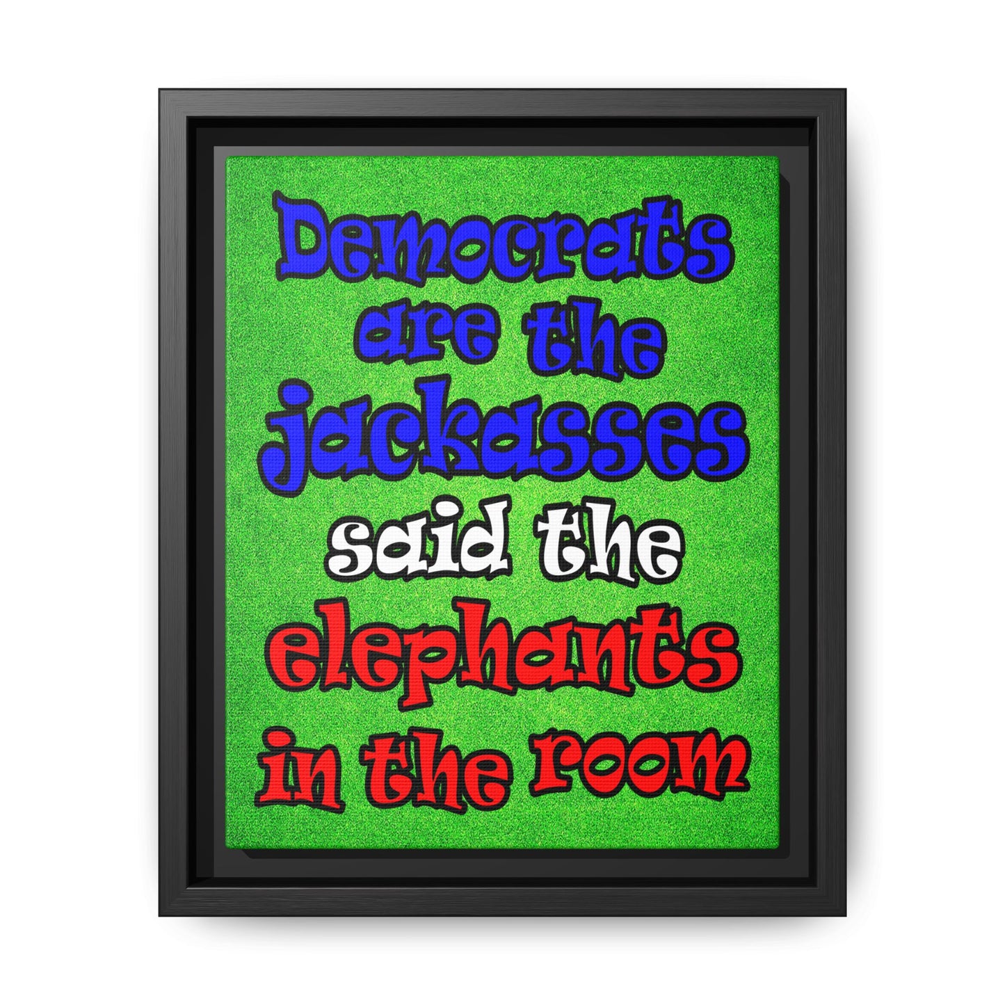 donkeys and elephants - framed canvas art (green turf)