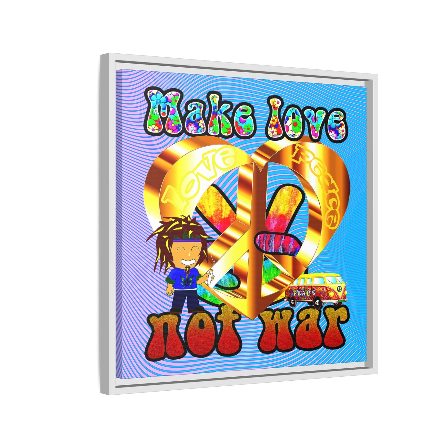 love peace - framed canvas art (light blue-purple wave)