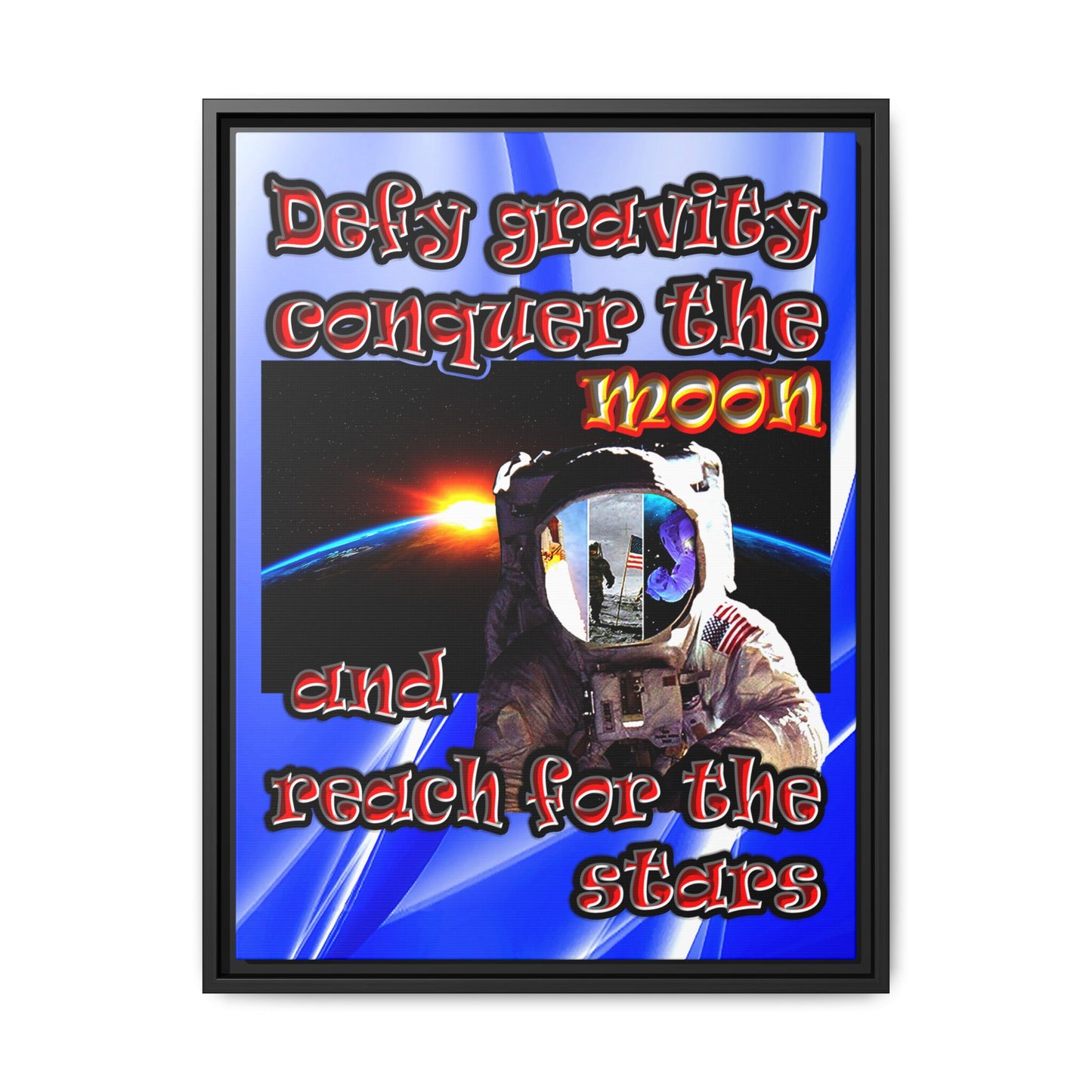 defy conquer reach - framed canvas art (blue-white wave)