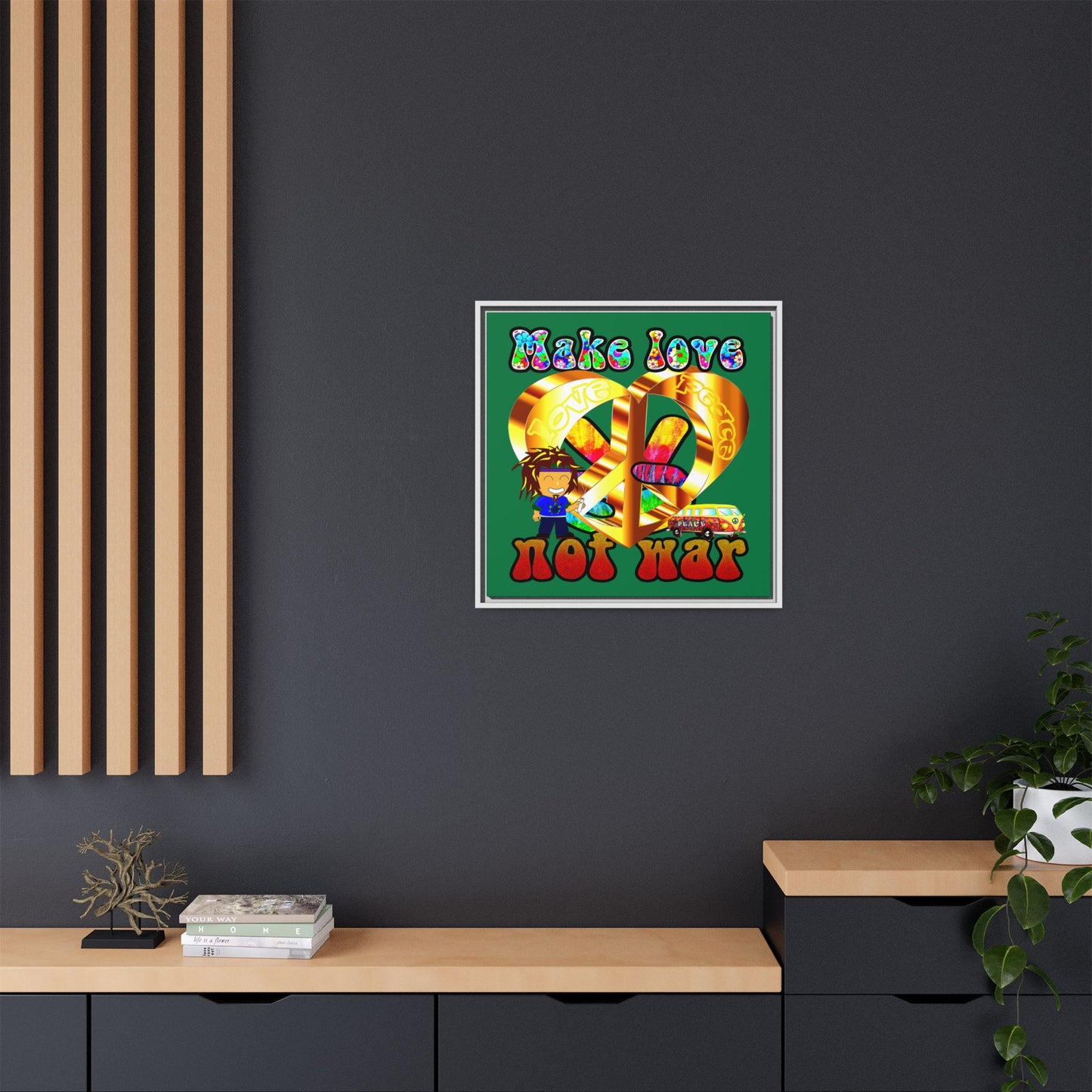 love peace - framed canvas art (dark green)
