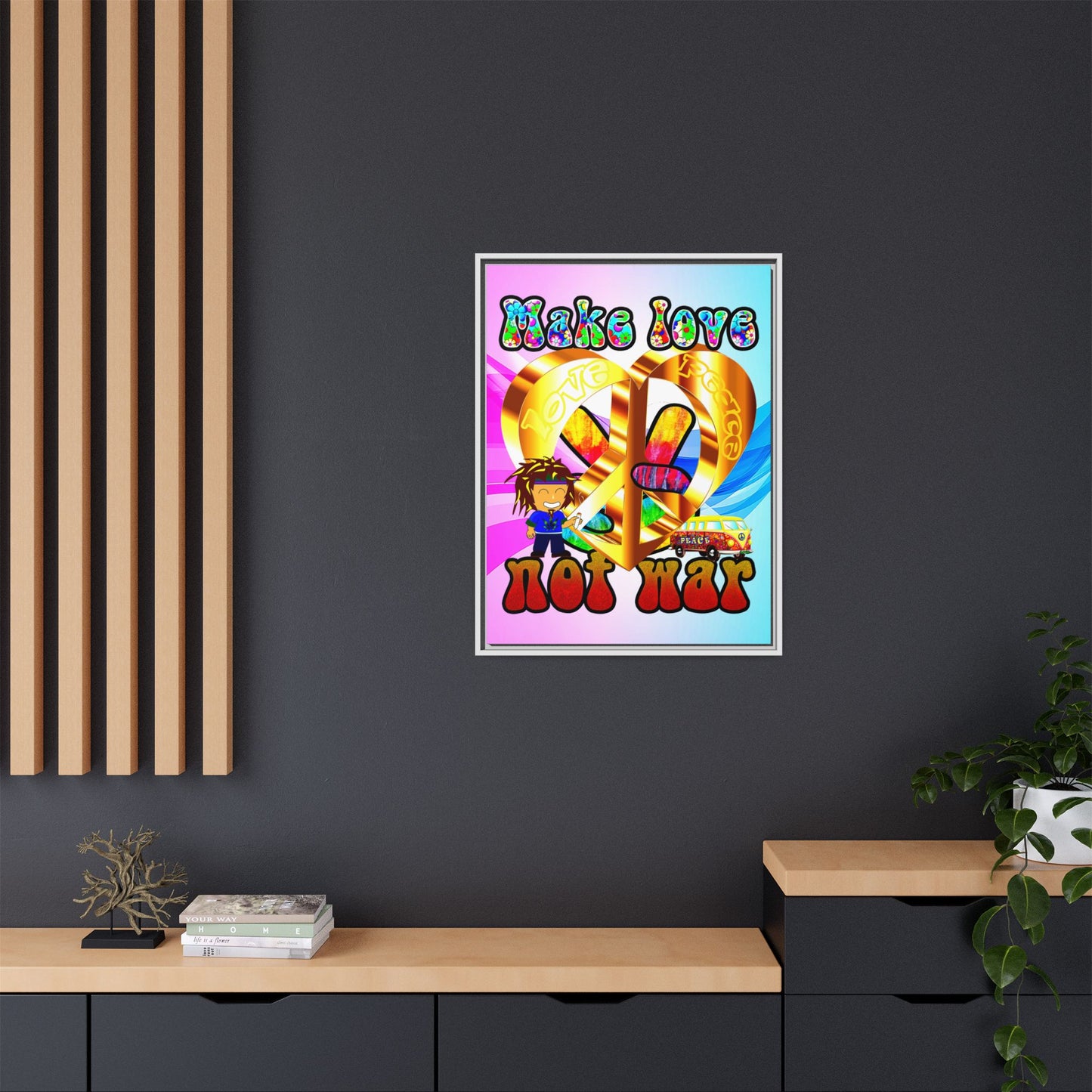love peace - framed canvas art (light blue-pink wave)