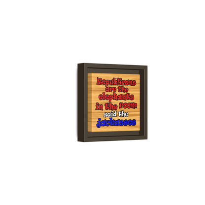 donkeys and elephants - framed canvas art (butterscotch wood finish)