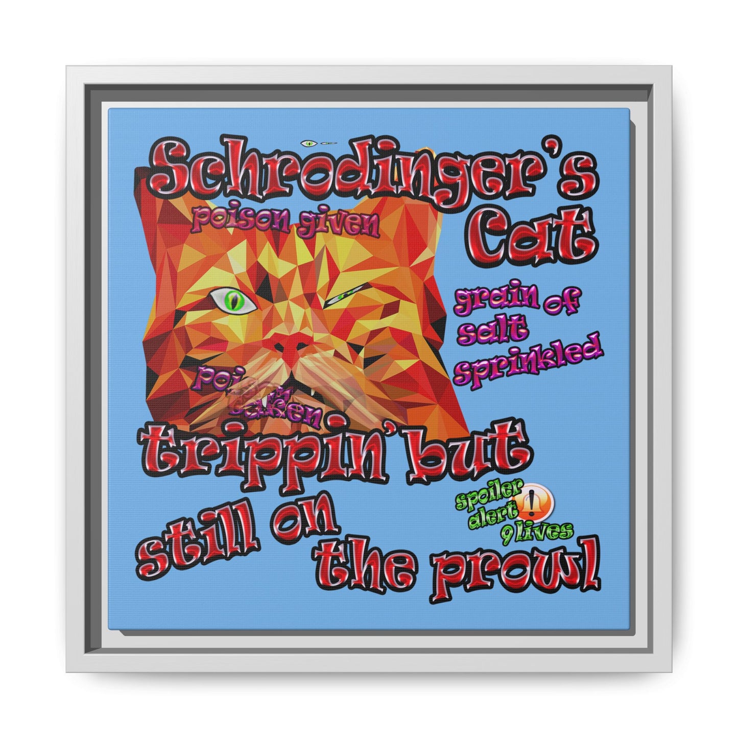 schrodinger's cat - framed canvas art (light blue)