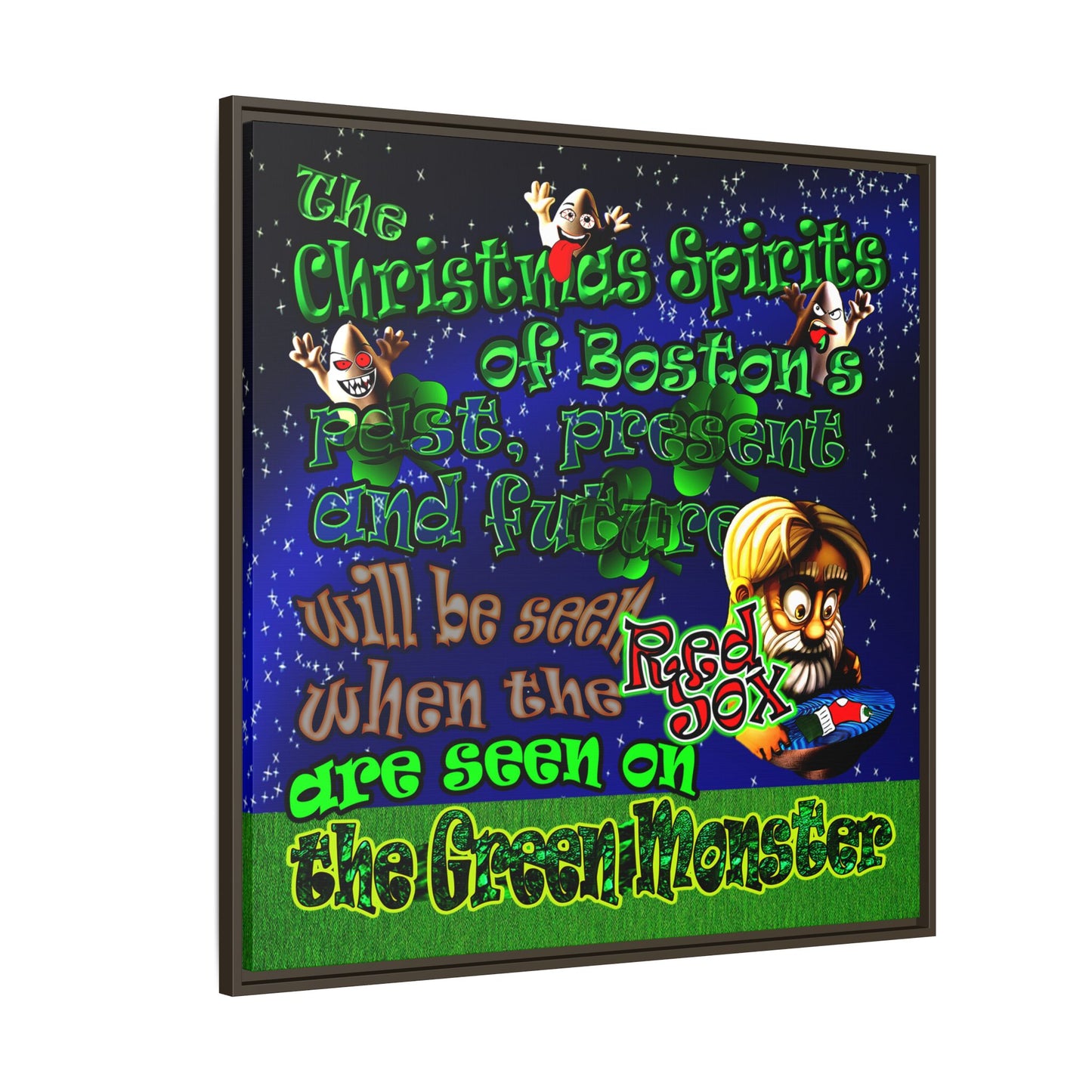 christmas spirits of boston - framed canvas art ('snoops' background)