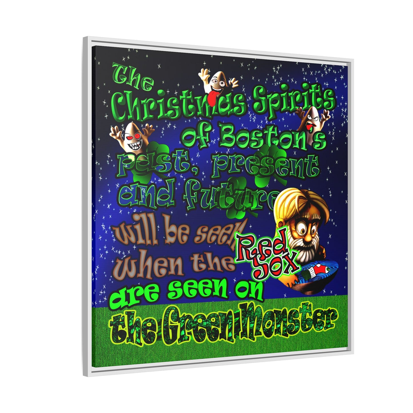 christmas spirits of boston - framed canvas art ('snoops' background)