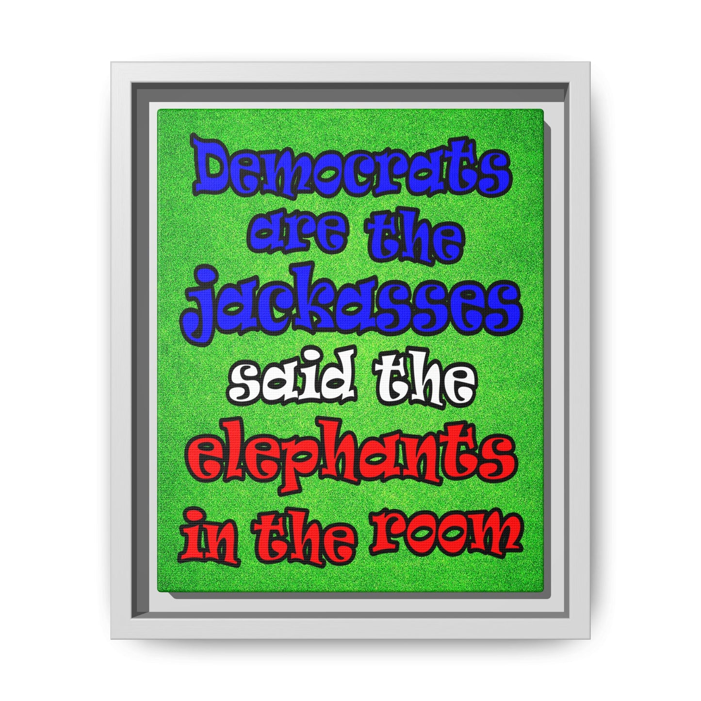 donkeys and elephants - framed canvas art (green turf)