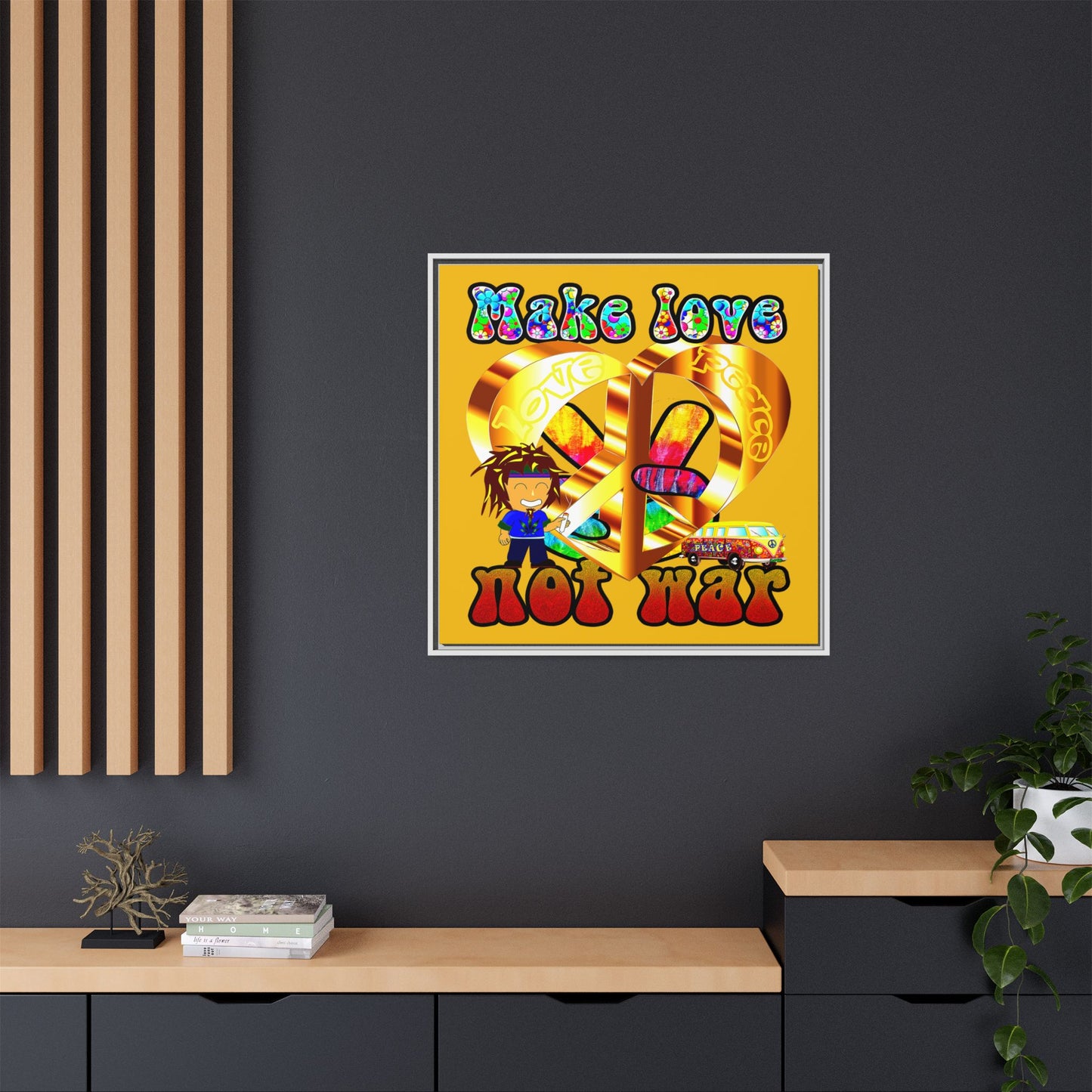 love peace - framed canvas art (yellow)