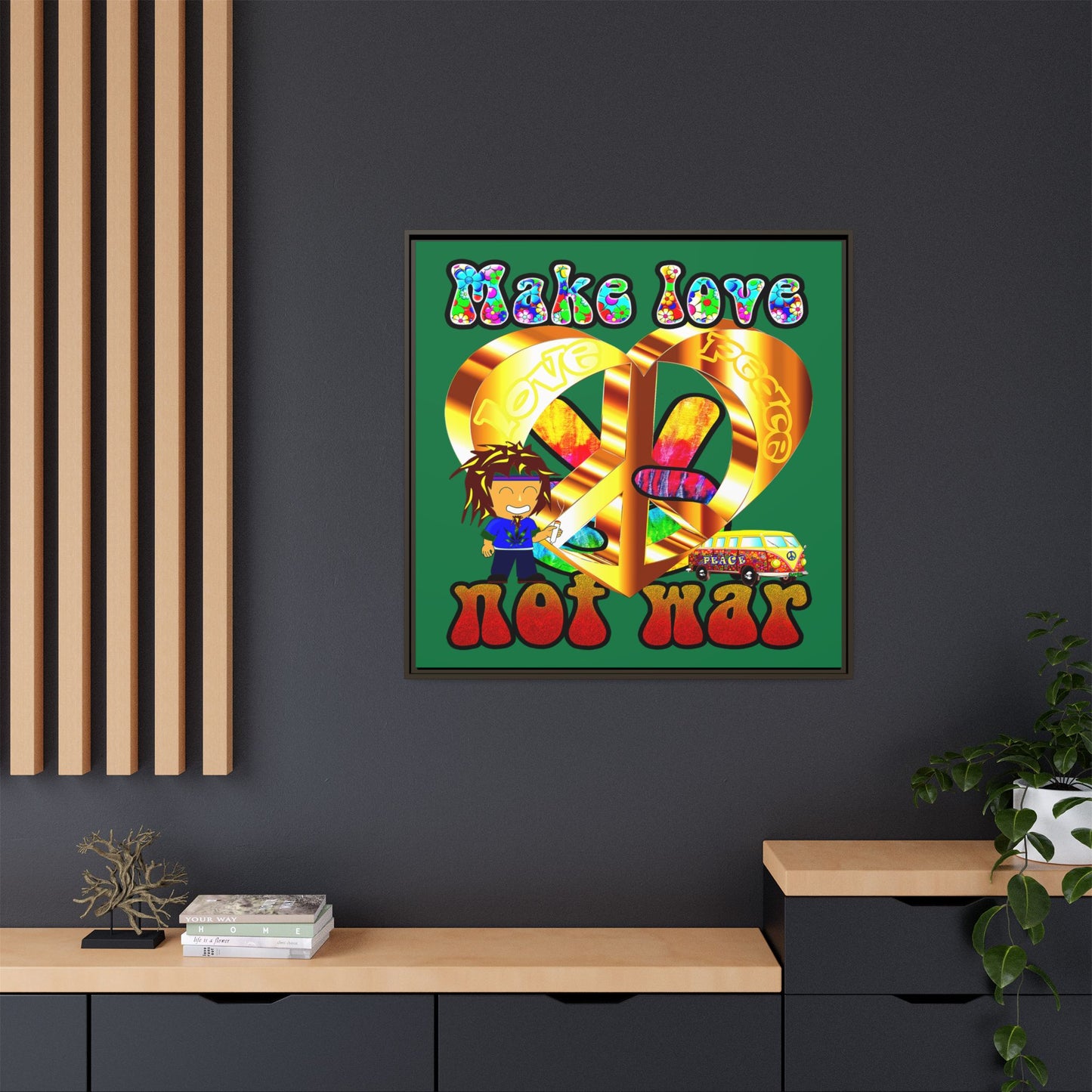 love peace - framed canvas art (dark green)