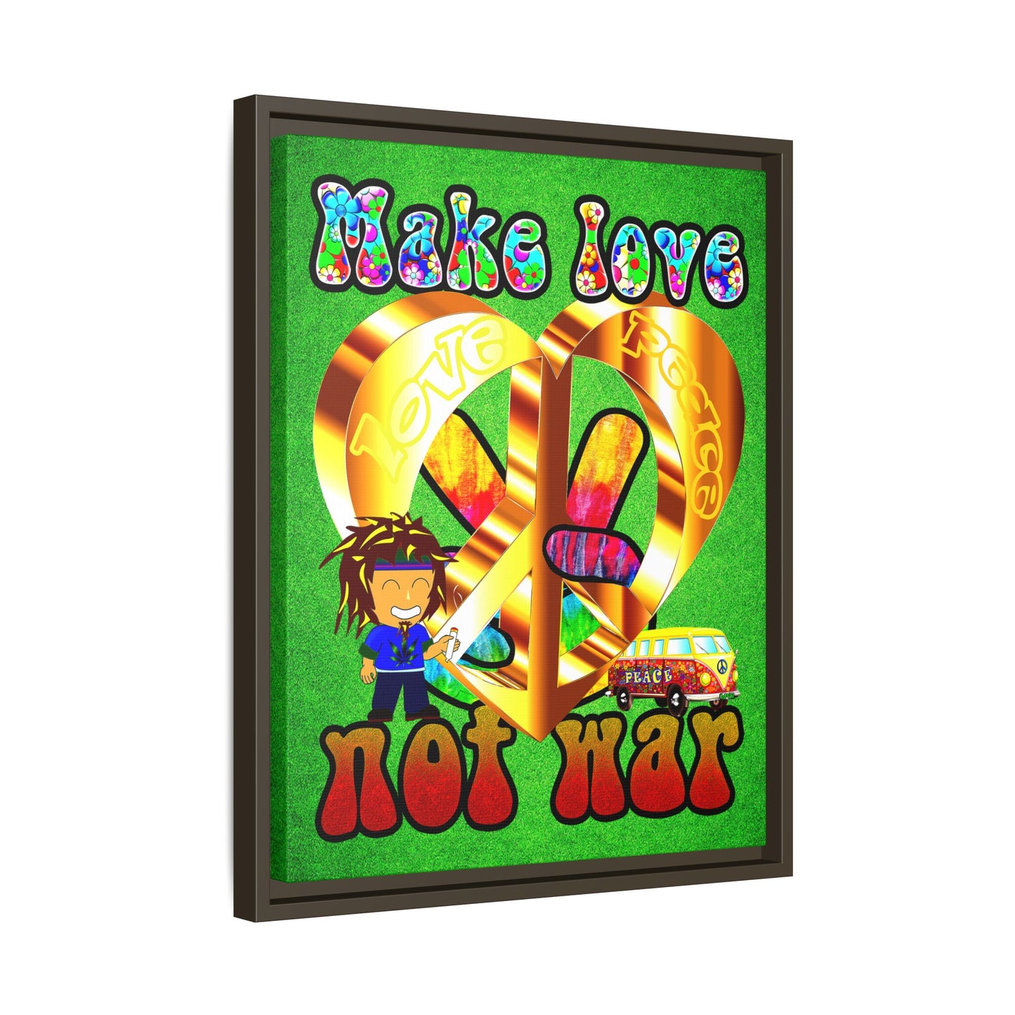 love peace - framed canvas art (green turf)