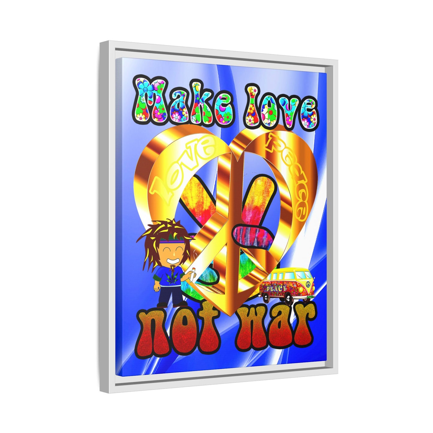love peace - framed canvas art (blue-white wave)