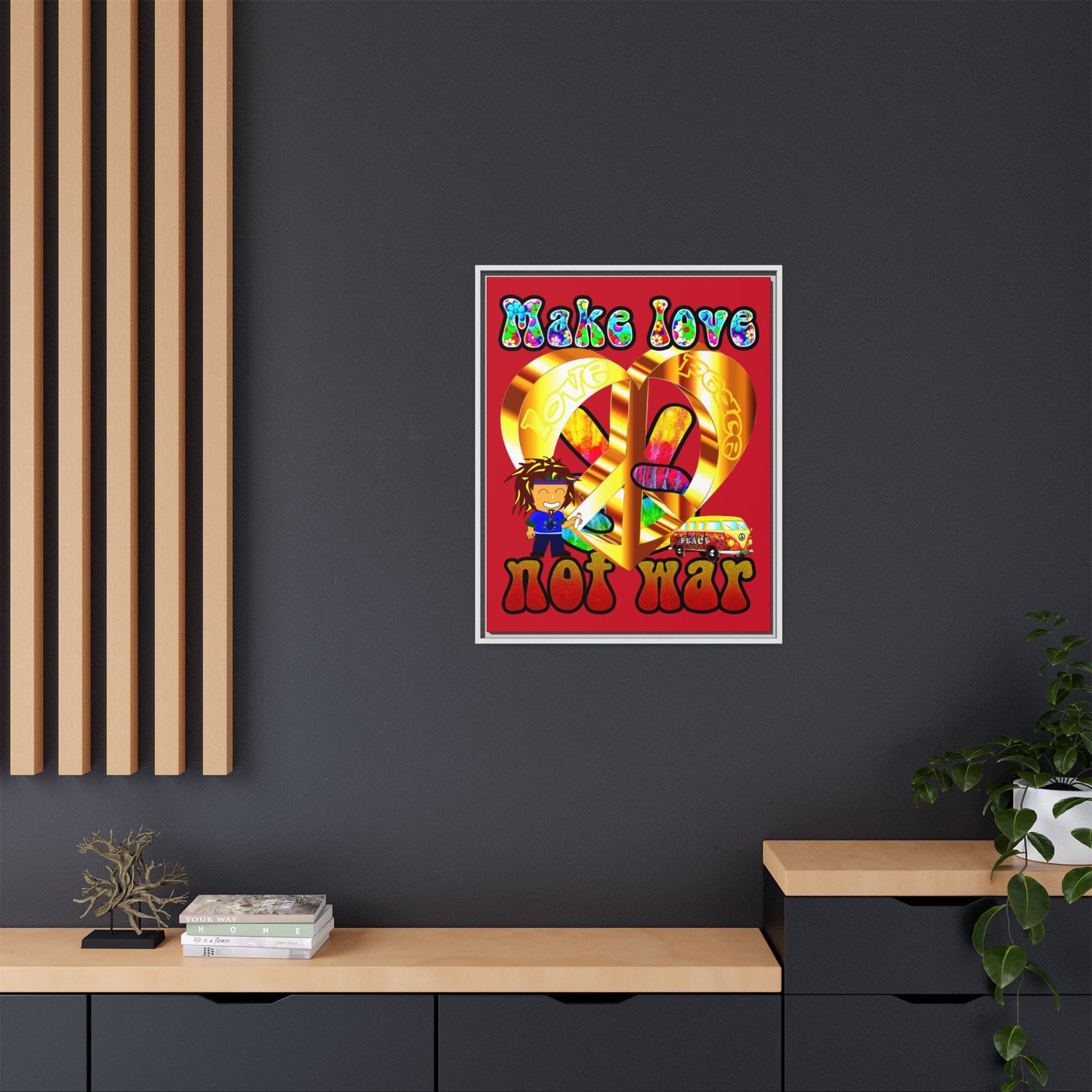 love peace - framed canvas art (dark red)