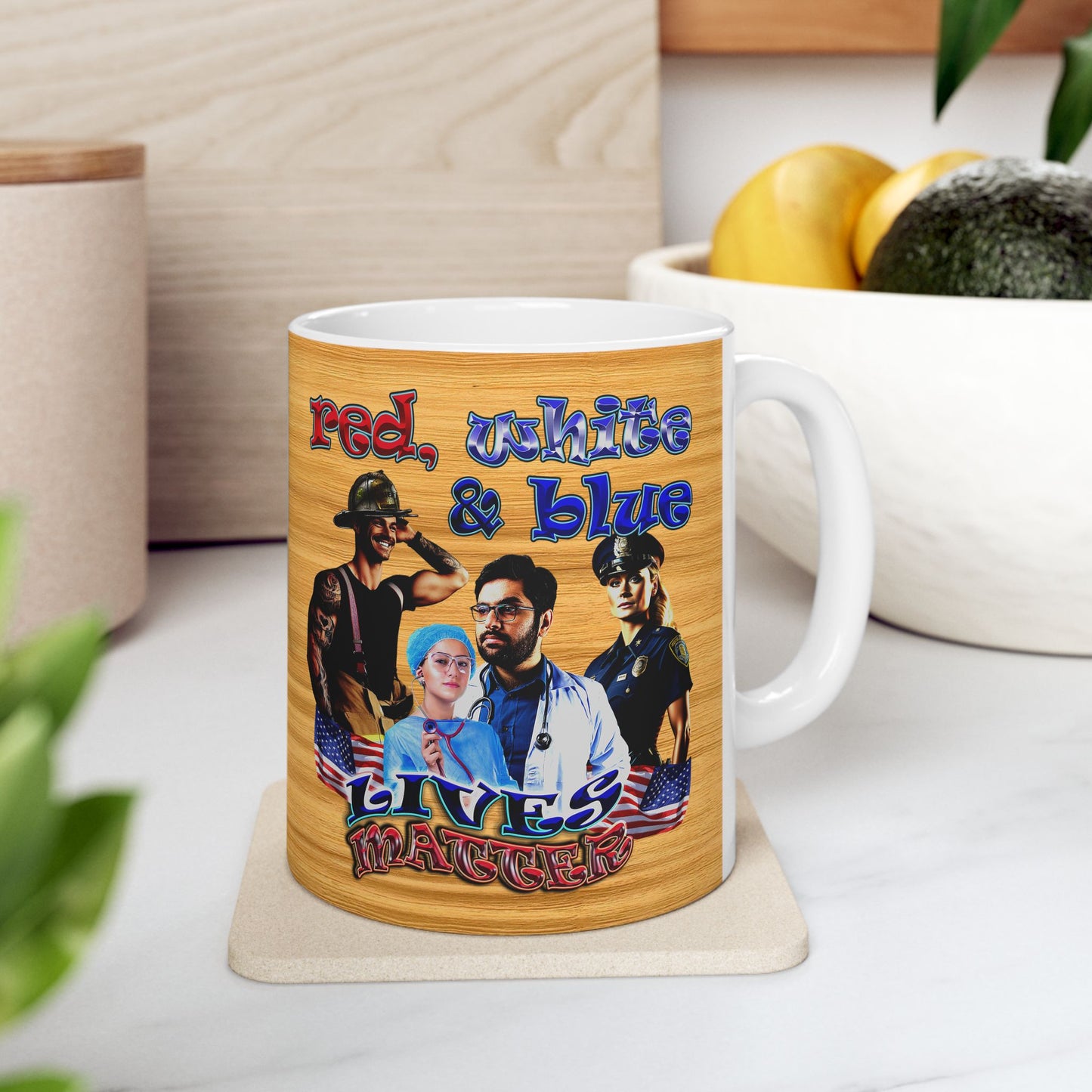 rw&b lives matter - White Mug (butterscotch wood finish)