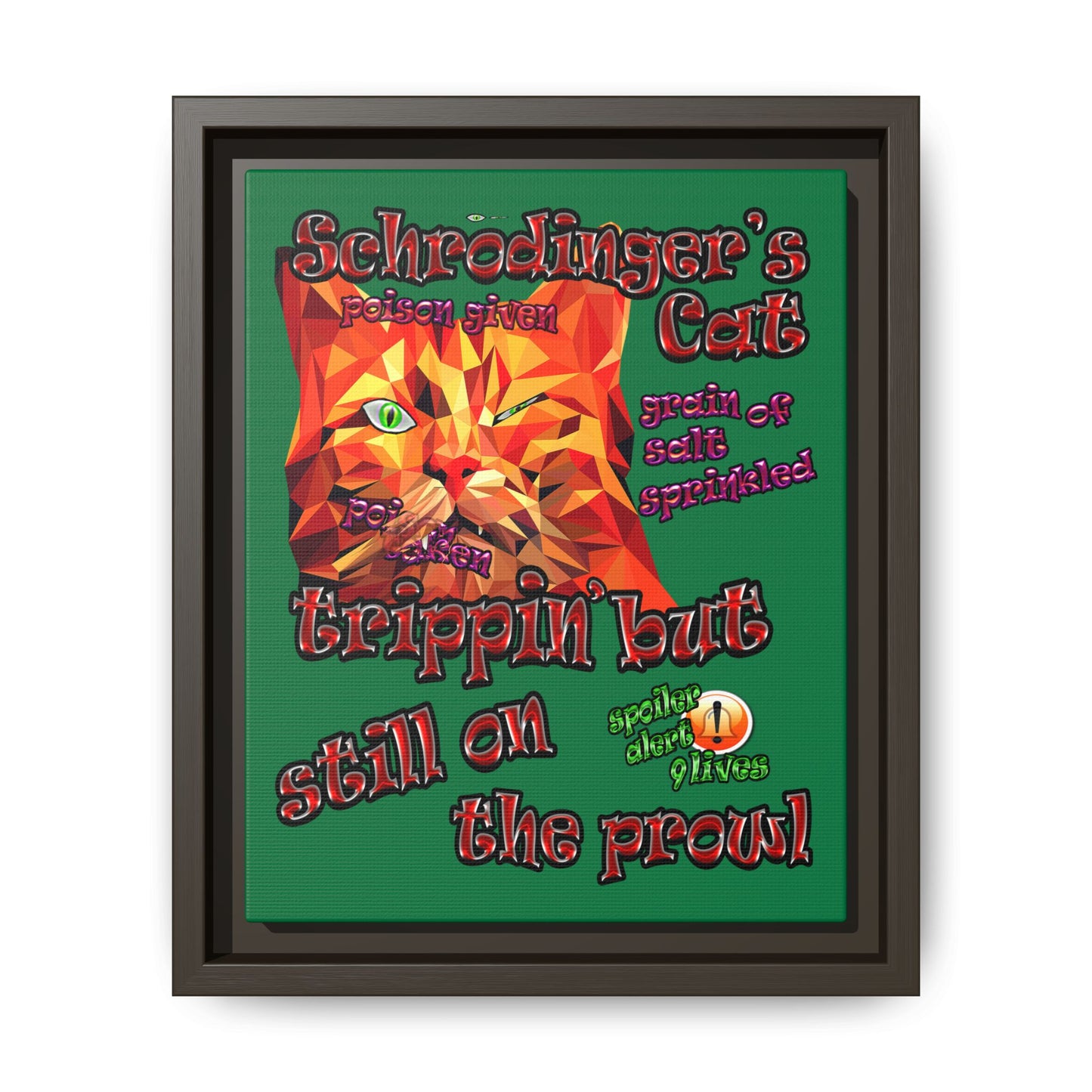 schrodinger's cat - framed canvas art (dark green)