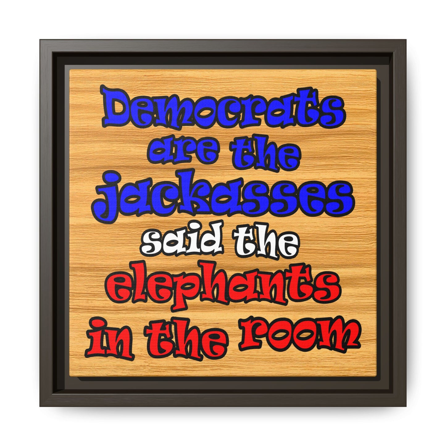 donkeys and elephants - framed canvas art (butterscotch wood finish)