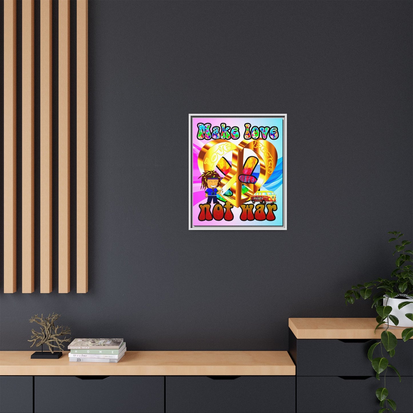 love peace - framed canvas art (light blue-pink wave)