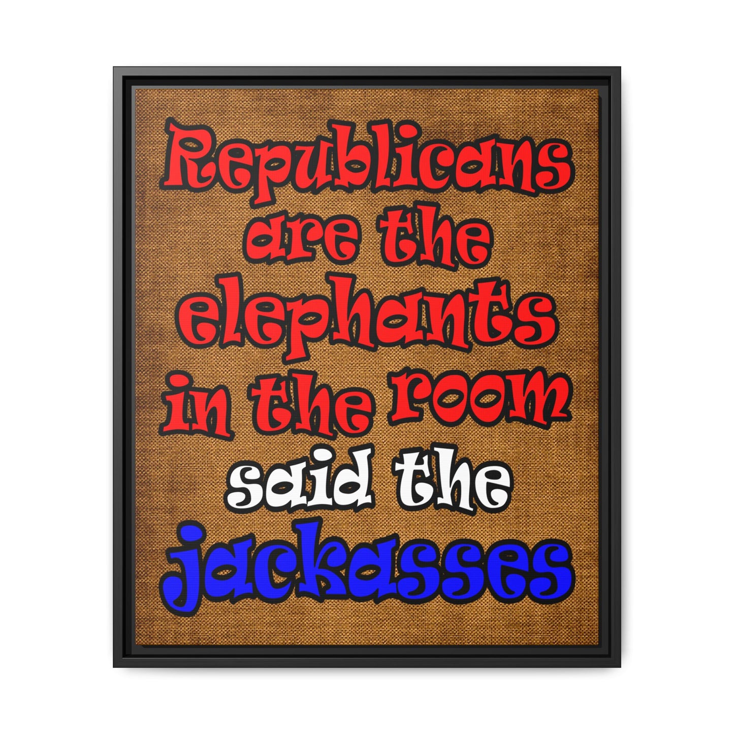 donkeys and elephants - framed canvas art (brown papyrus)