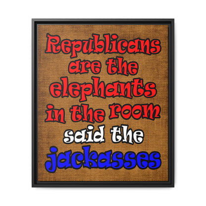 donkeys and elephants - framed canvas art (brown papyrus)