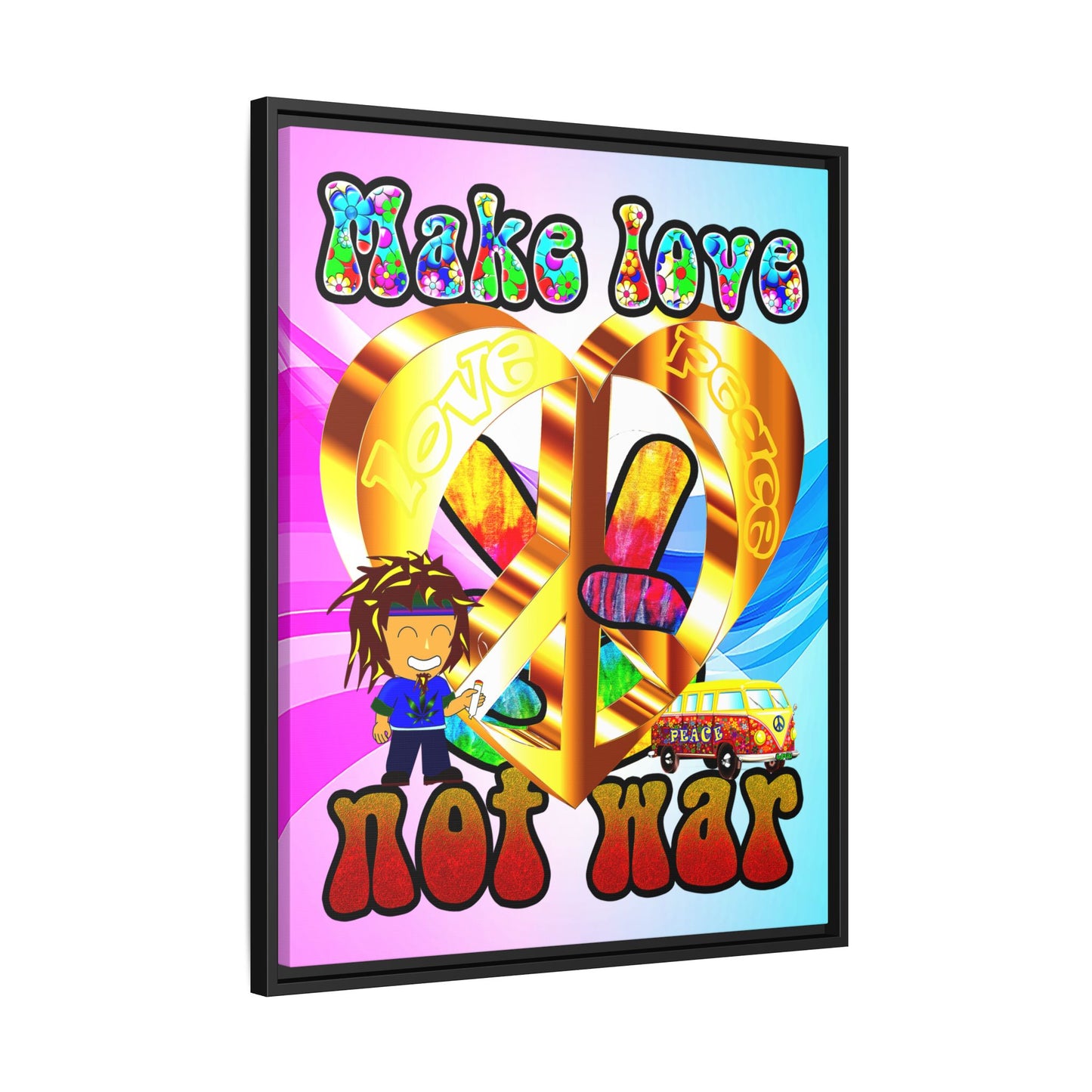 love peace - framed canvas art (light blue-pink wave)