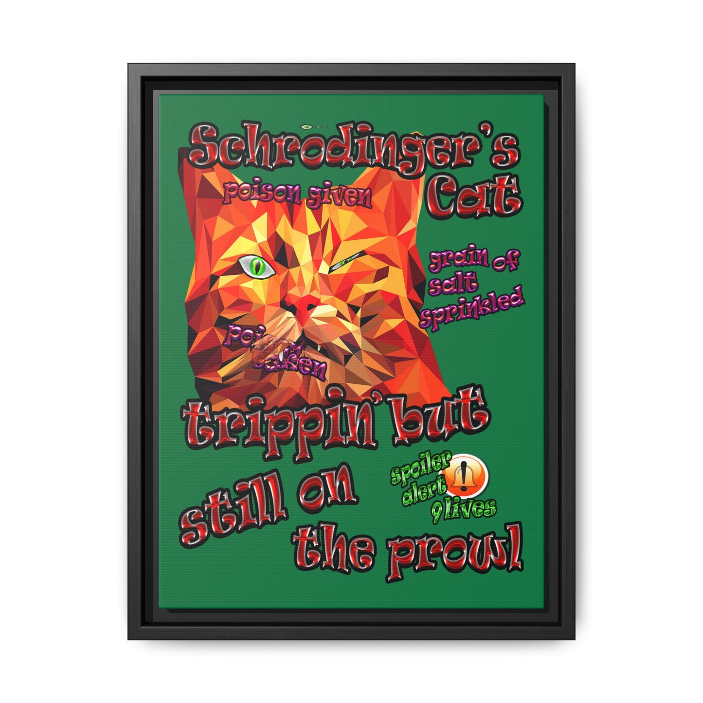 schrodinger's cat - framed canvas art (dark green)