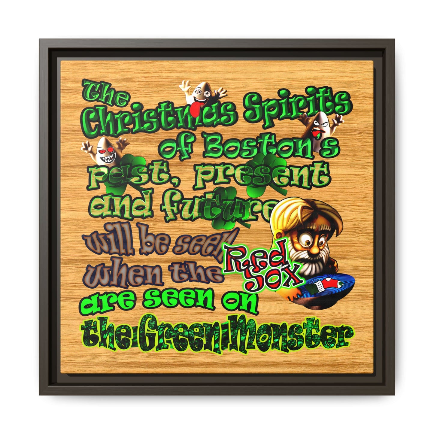 christmas spirits of boston - framed canvas art (butterscotch wood finish)