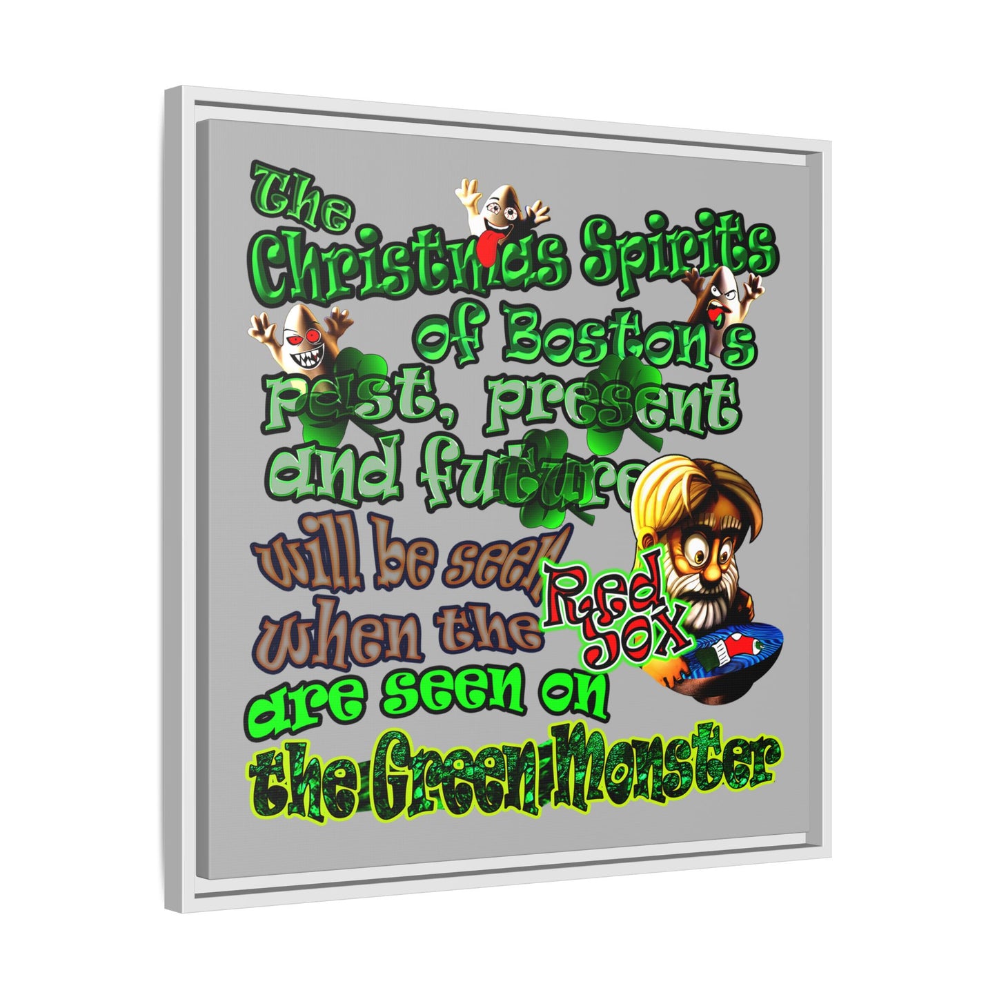 christmas spirits of boston - framed canvas art (light grey)