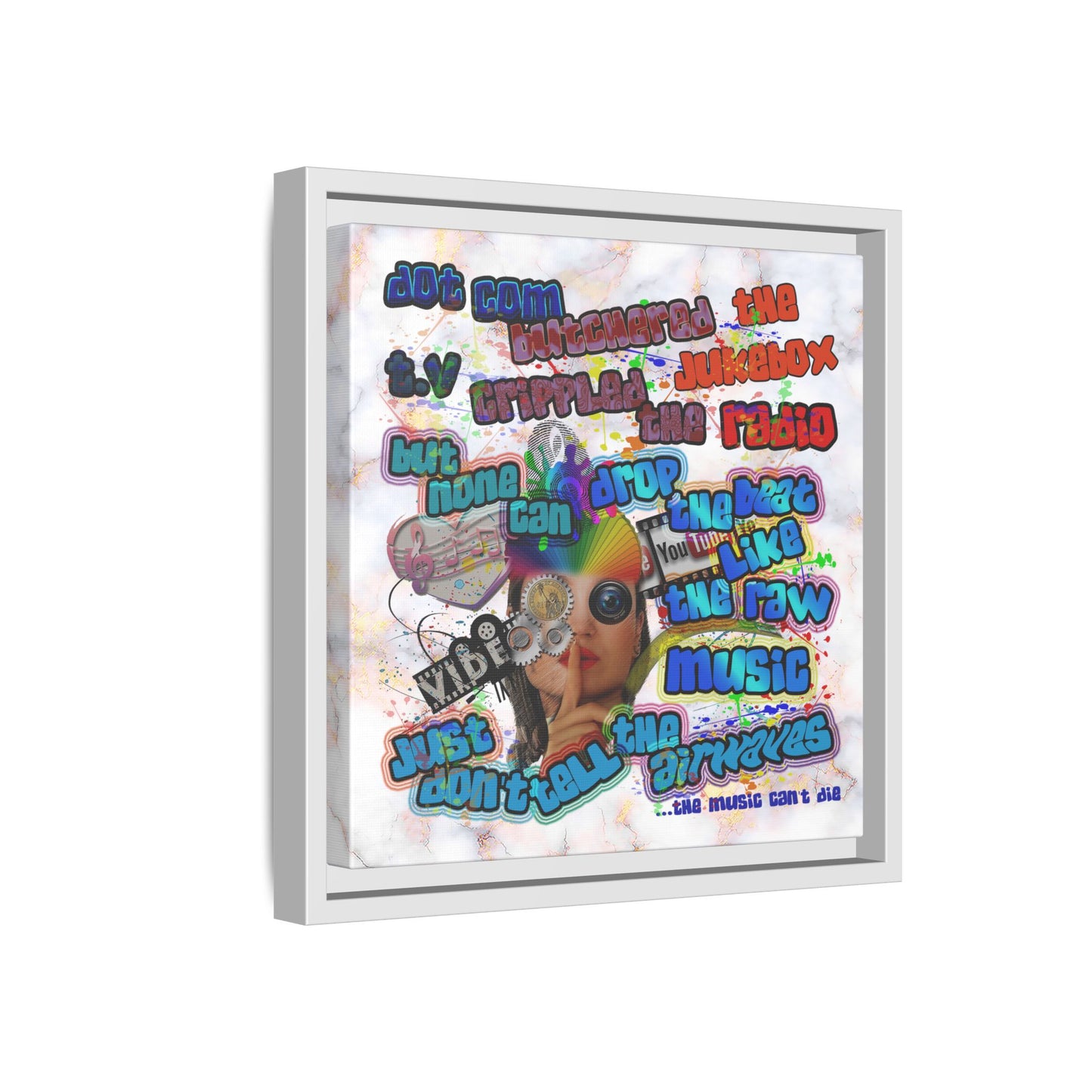 drop the beat - framed canvas art (white marble)