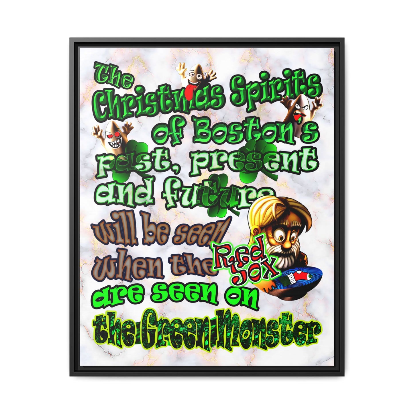christmas spirits of boston - framed canvas art (white marble)
