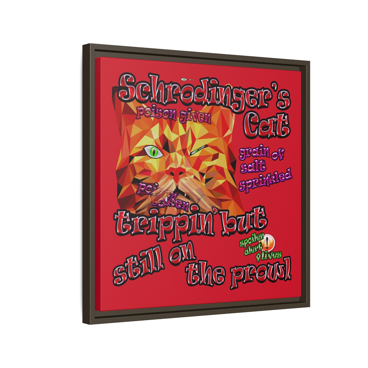 schrodinger's cat - framed canvas art (dark red)