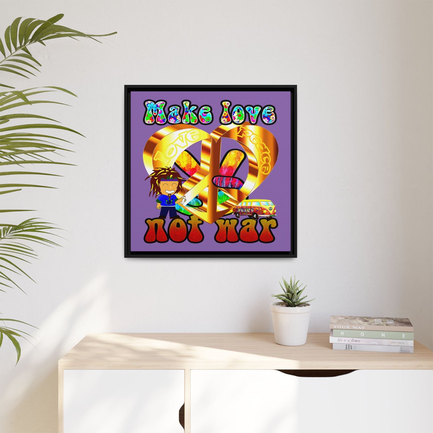 love peace - framed canvas art (light purple)