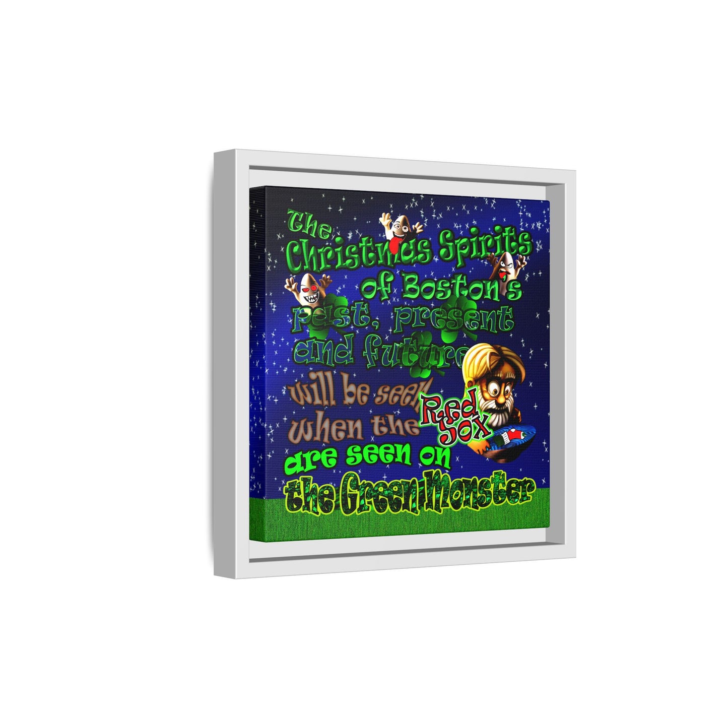 christmas spirits of boston - framed canvas art ('snoops' background)