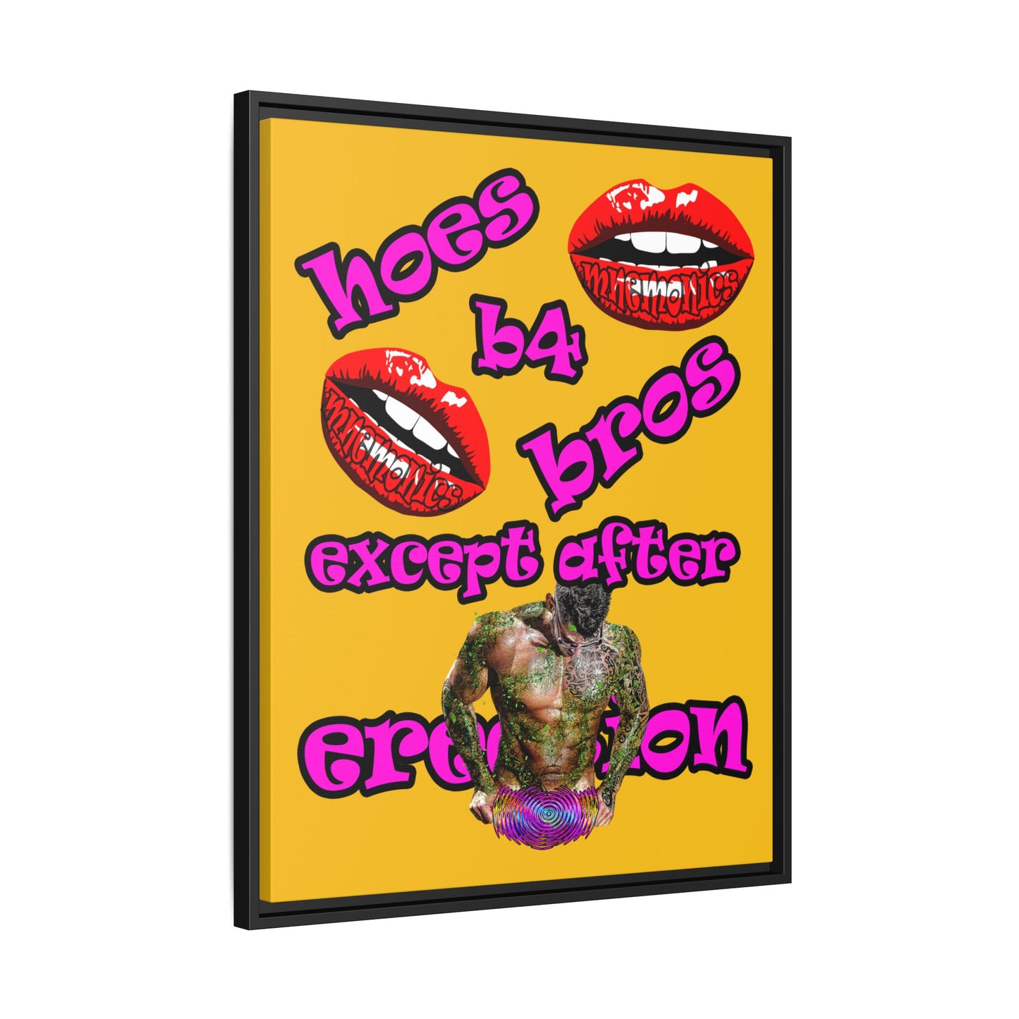 hoes b4 bros - framed canvas art (yellow)