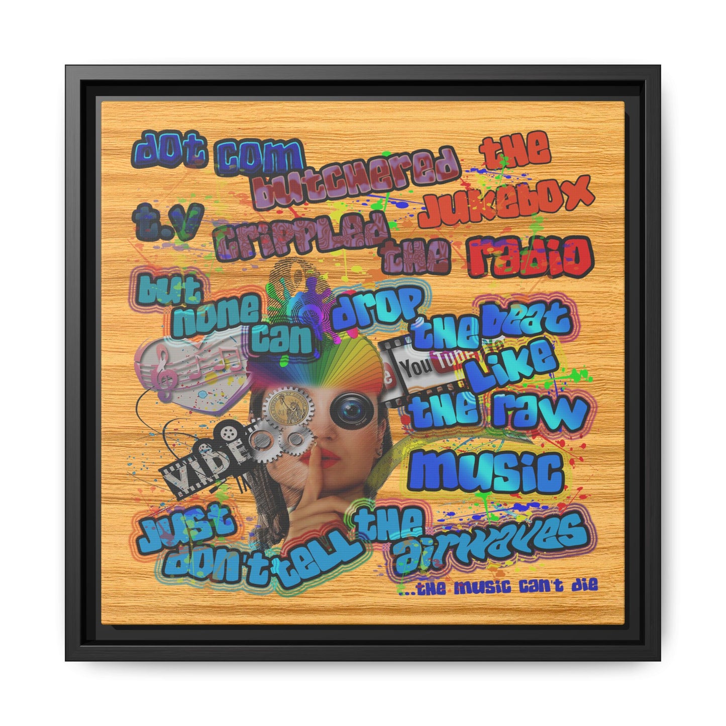 drop the beat - framed canvas art (butterscotch wood finish)