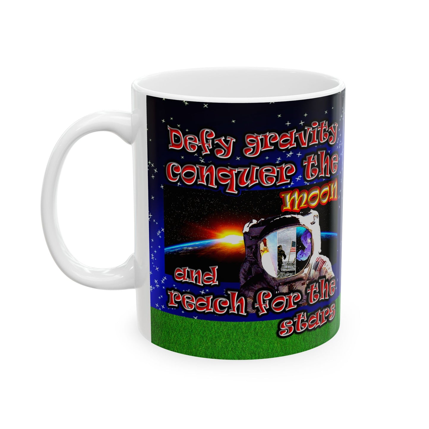 defy conquer reach - White Mug ('snoops' background)