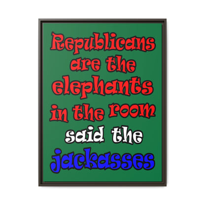 donkeys and elephants - framed canvas art (dark green)