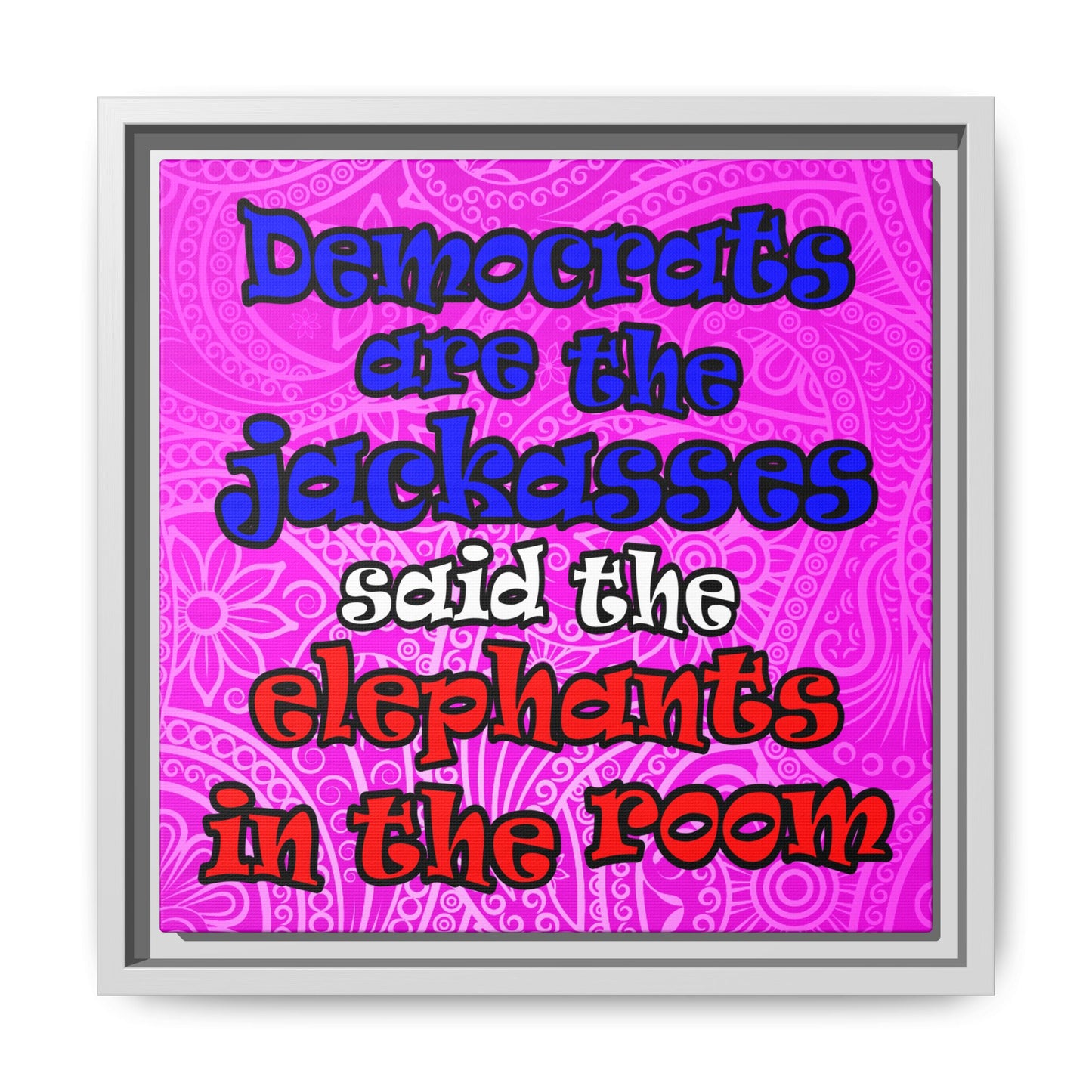 donkeys and elephants - framed canvas art (pink swirl)