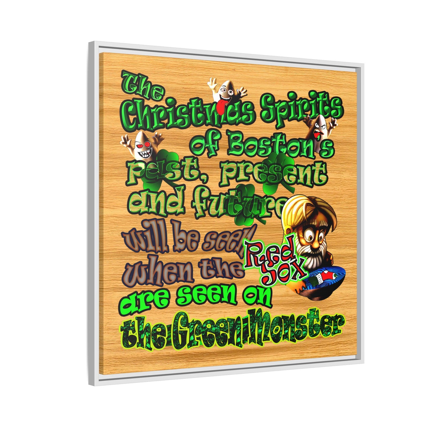 christmas spirits of boston - framed canvas art (butterscotch wood finish)