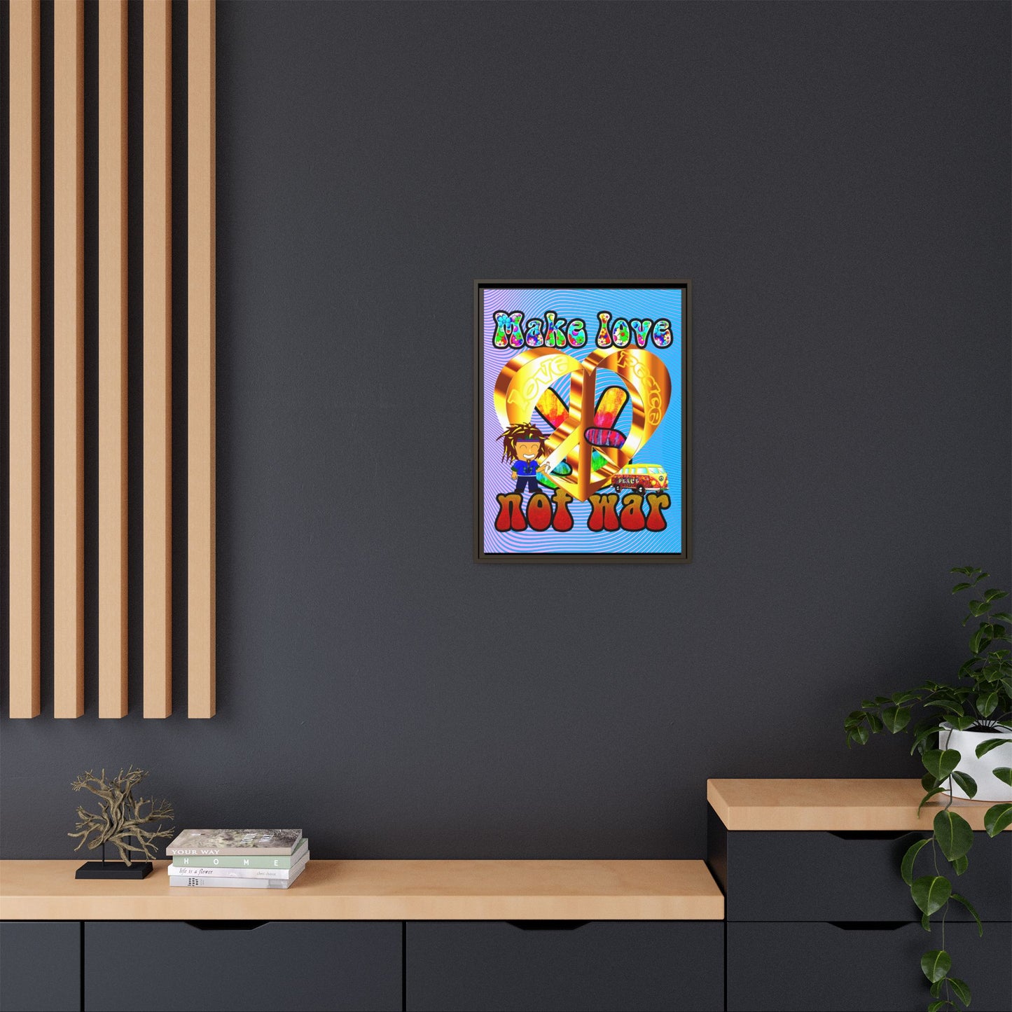 love peace - framed canvas art (light blue-purple wave)