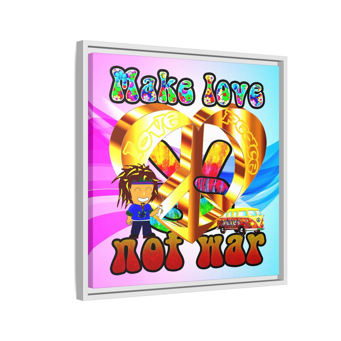 love peace - framed canvas art (light blue-pink wave)
