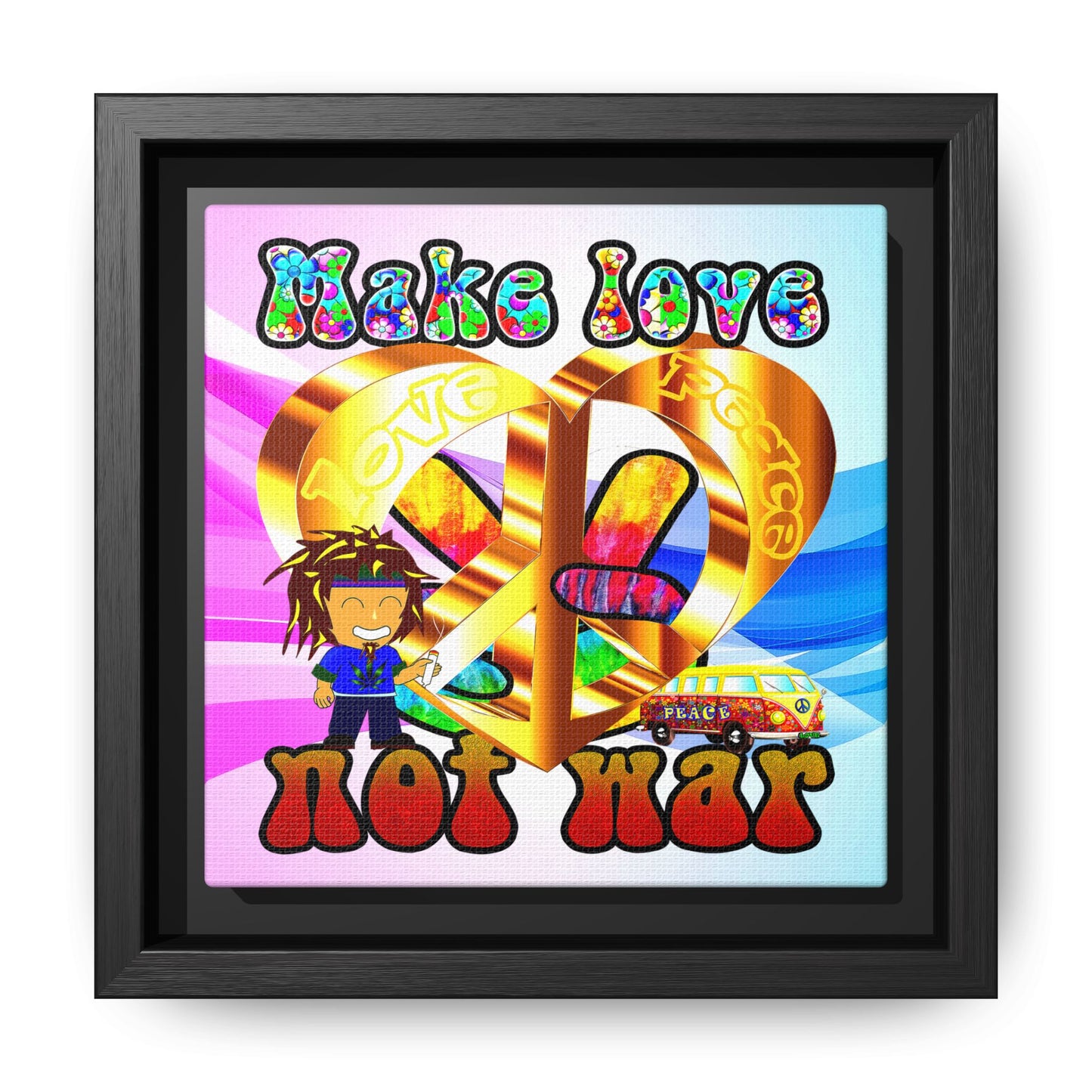 love peace - framed canvas art (light blue-pink wave)