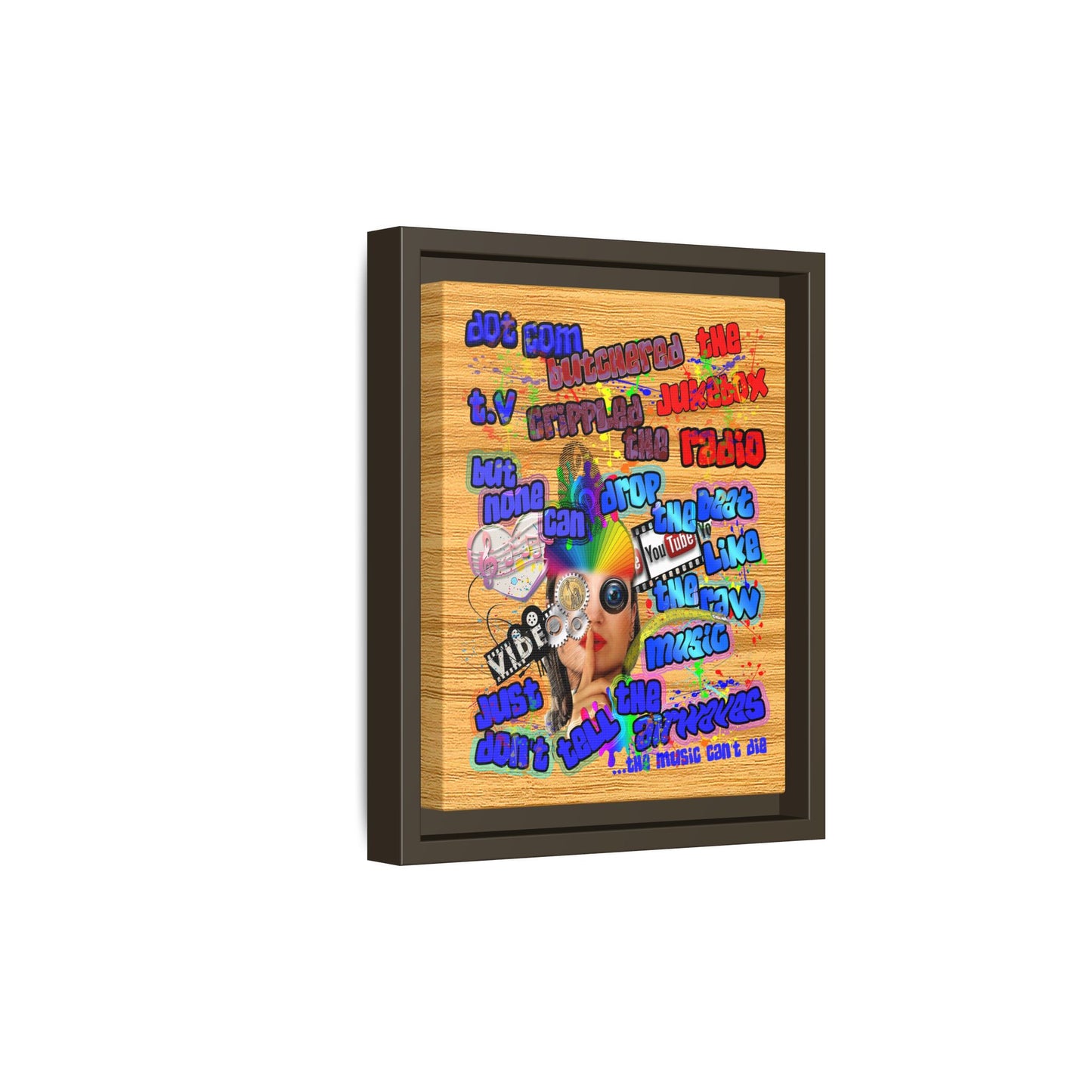 drop the beat - framed canvas art (butterscotch wood finish)