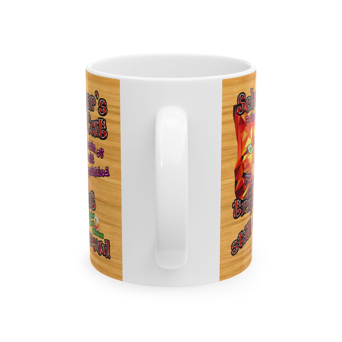 schrodinger's cat - White Mug (butterscotch wood finish)