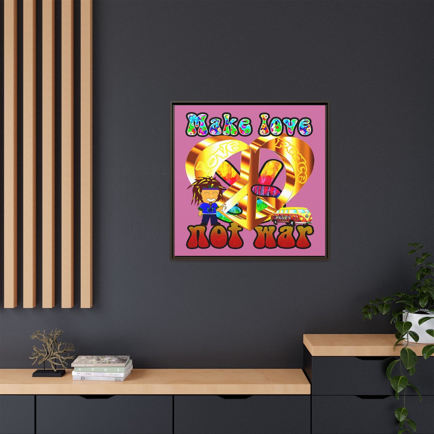 love peace - framed canvas art (light pink)