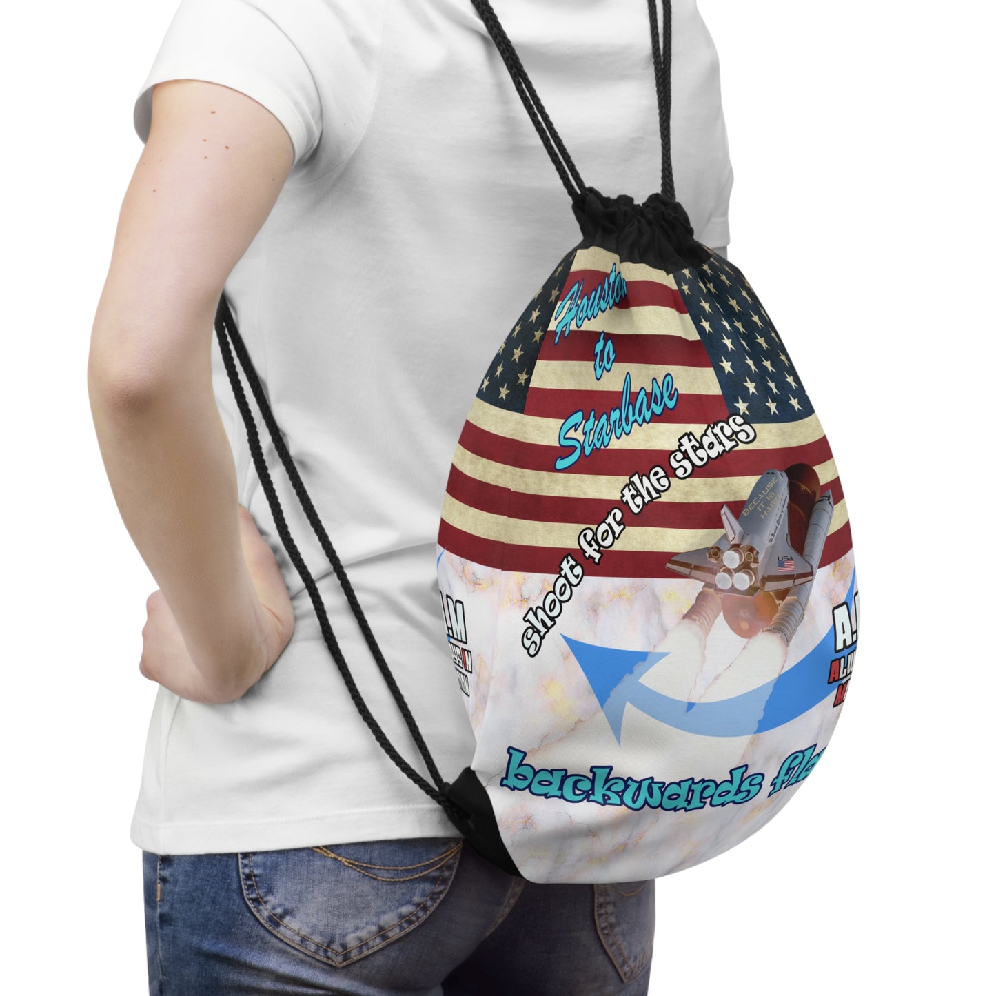 shoot for the stars - Drawstring Bag (white marble)