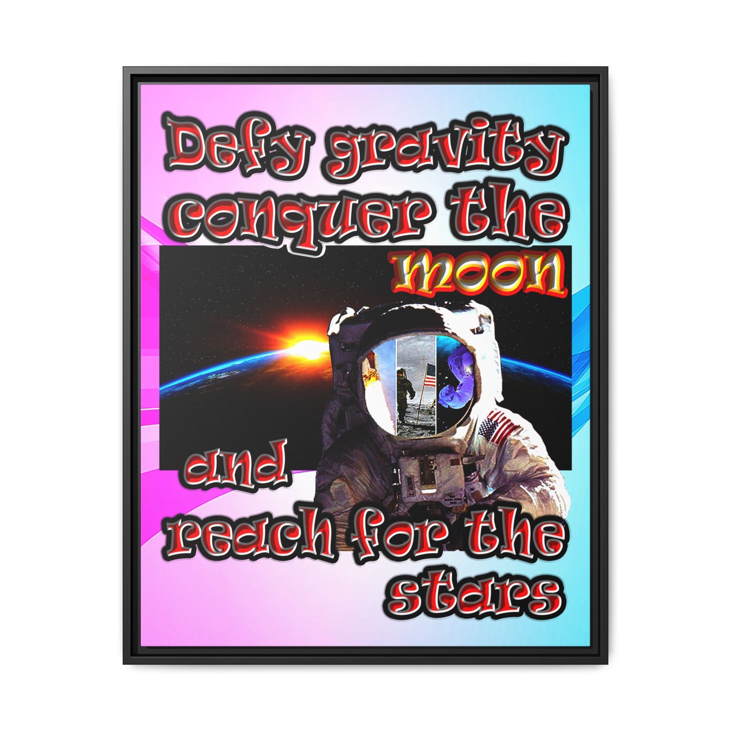 defy conquer reach - framed canvas art (light blue-pink wave)