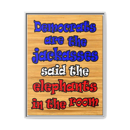 donkeys and elephants - framed canvas art (butterscotch wood finish)