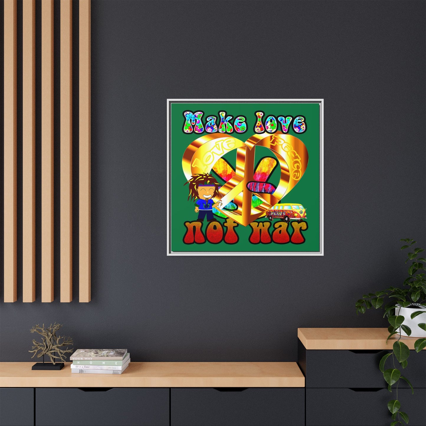 love peace - framed canvas art (dark green)